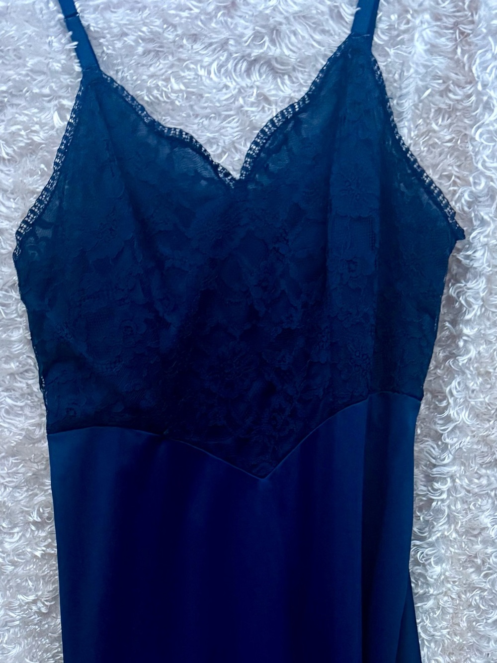 Vintage Vanity Fair Lace-Trim Satin Slip Dress - Navy